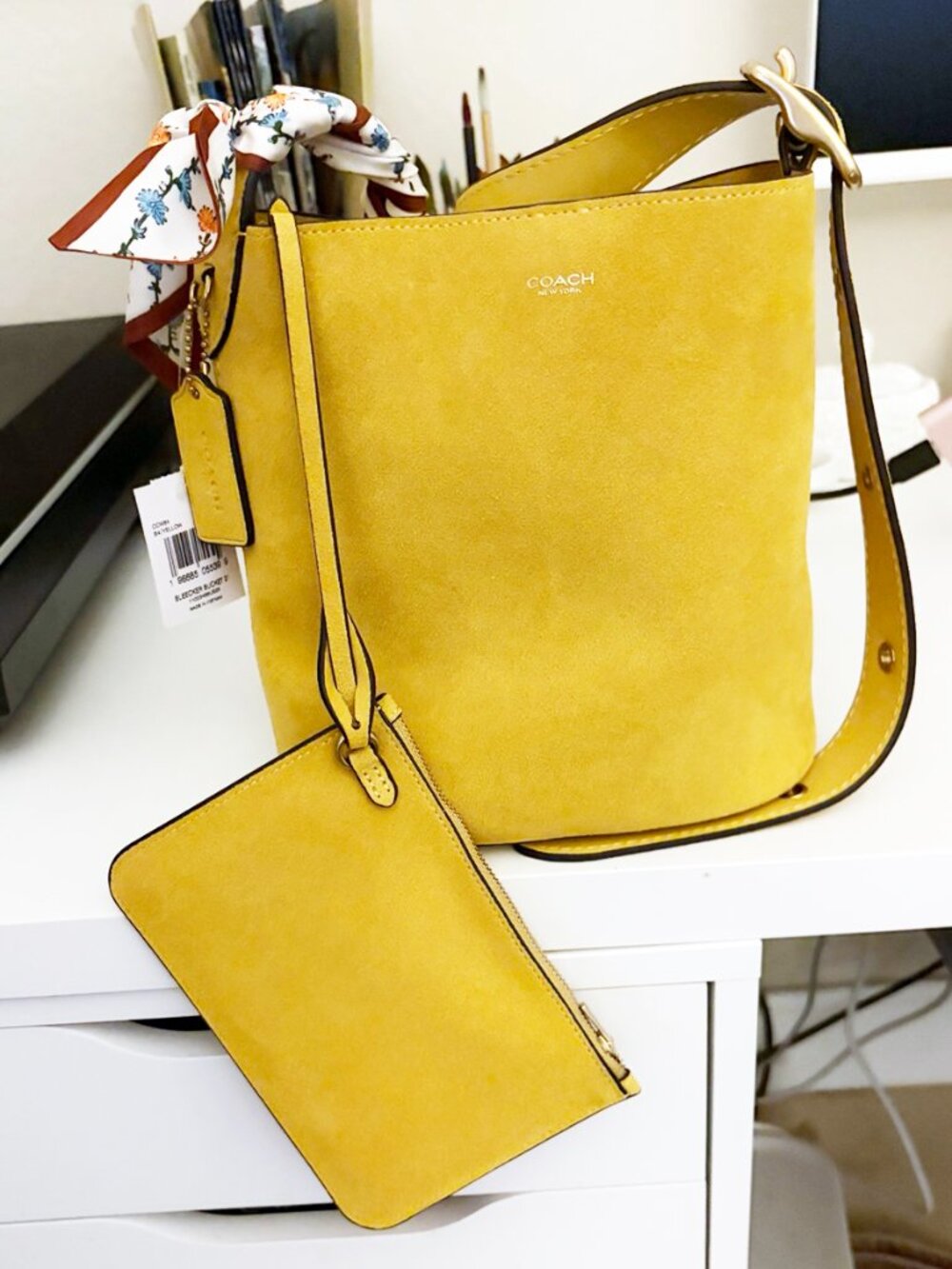 NWT Coach Bleecker Bucket Bag 21 Yellow Suede CCW84 + Pouch